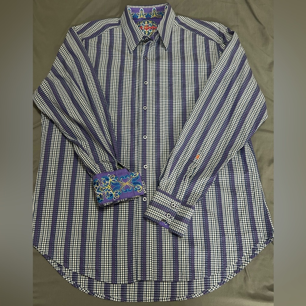 Robert Graham Men’s Large Purple Grey and White Striped Button Down Shirt